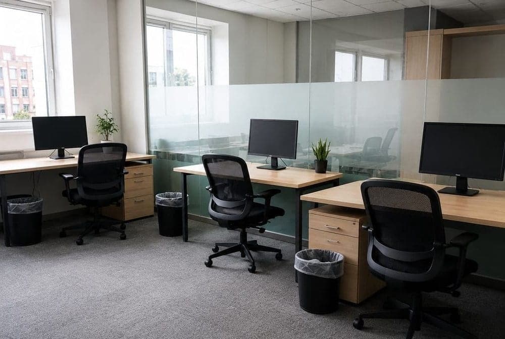 Plateau de bureaux nettoyé, moquette propre et postes dégagés