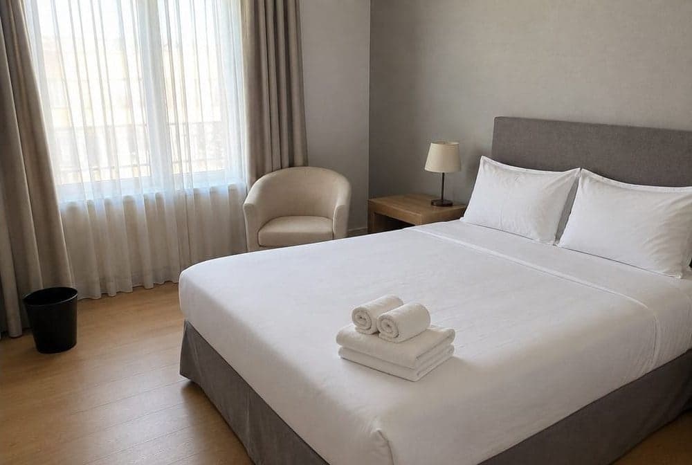 Chambre rangée, lit refait au carré, serviettes disposées