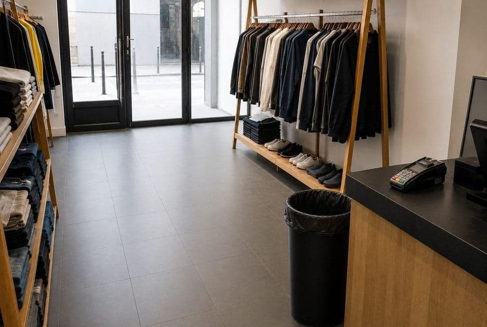 Boutique nettoyée, sol uniforme et surfaces de vente dégagées