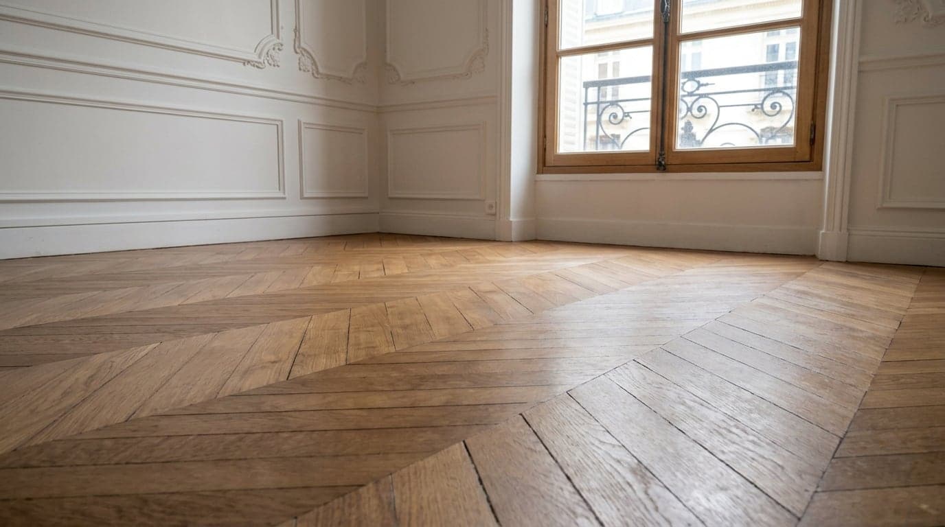 Pièce vide livrée propre, parquet net et vitres transparentes