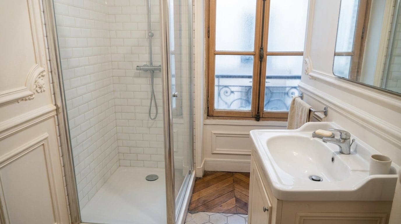 Salle de bains détartrée, carrelage et vasque nets