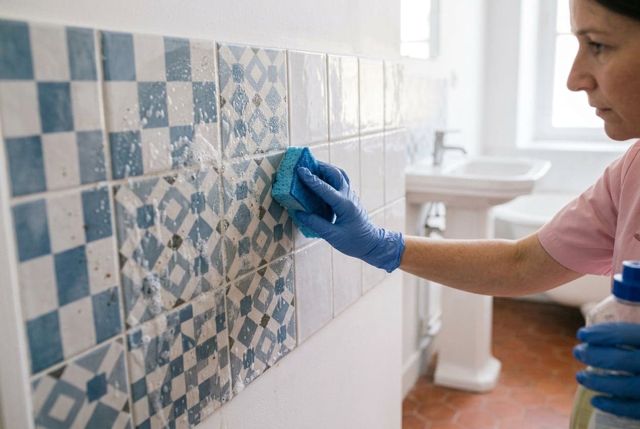 Carrelage de salle d'eau repris à l'éponge avant l'état des lieux