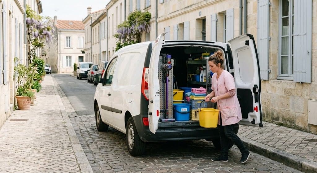 Véhicule d'intervention chargé de matériel de nettoyage, prêt à partir en tournée