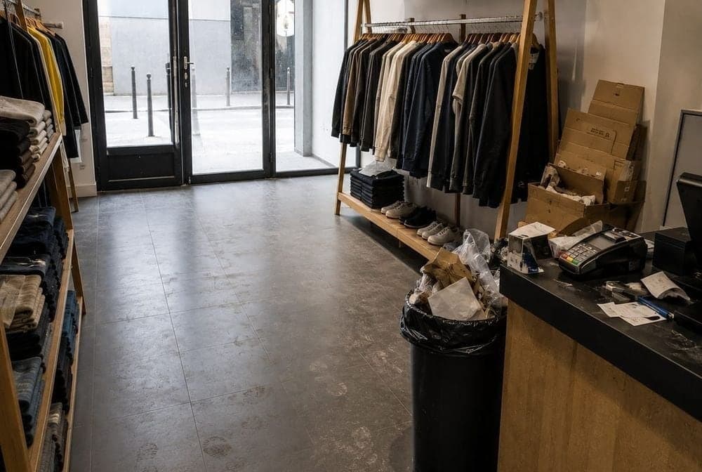 La même boutique avec sol terni, cartons et déchets au sol