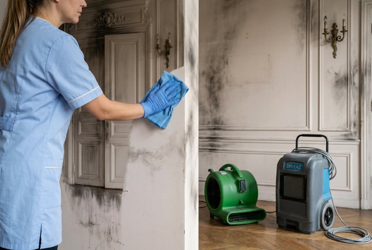Nettoyage de traces de suie sur un mur, avec ventilateurs de séchage