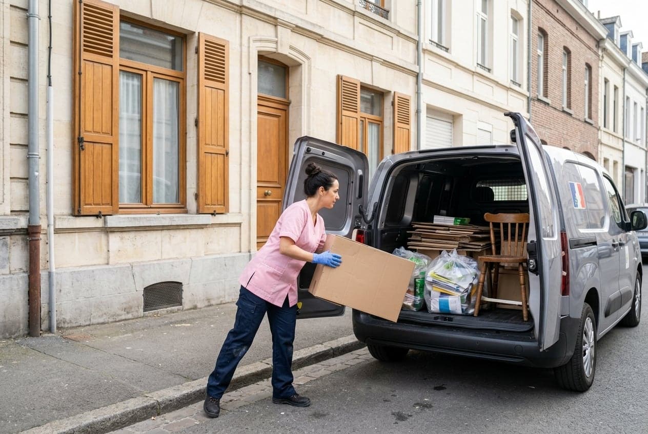 Chargement de cartons et de déchets triés dans un véhicule utilitaire
