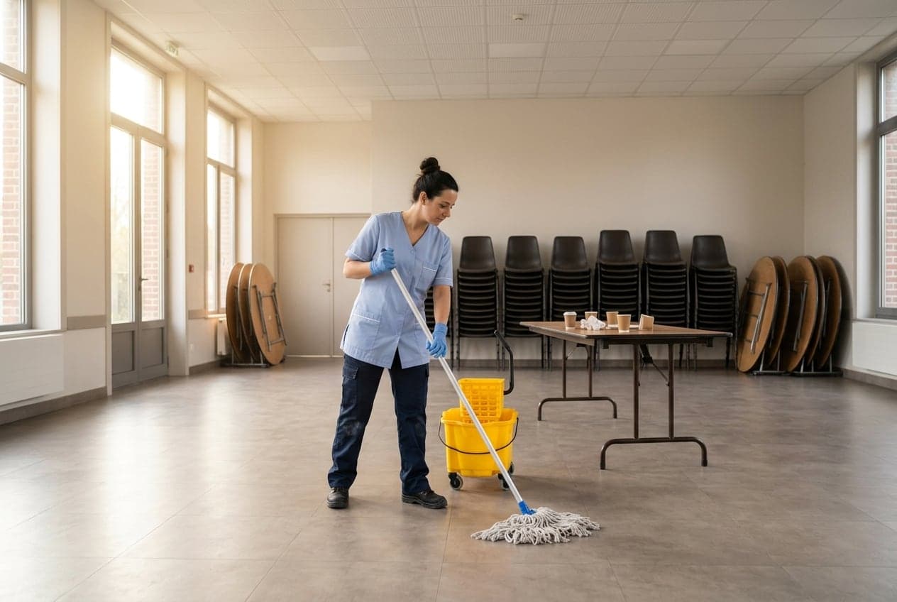 Lavage du sol d une salle des fêtes après un événement, chaises empilées