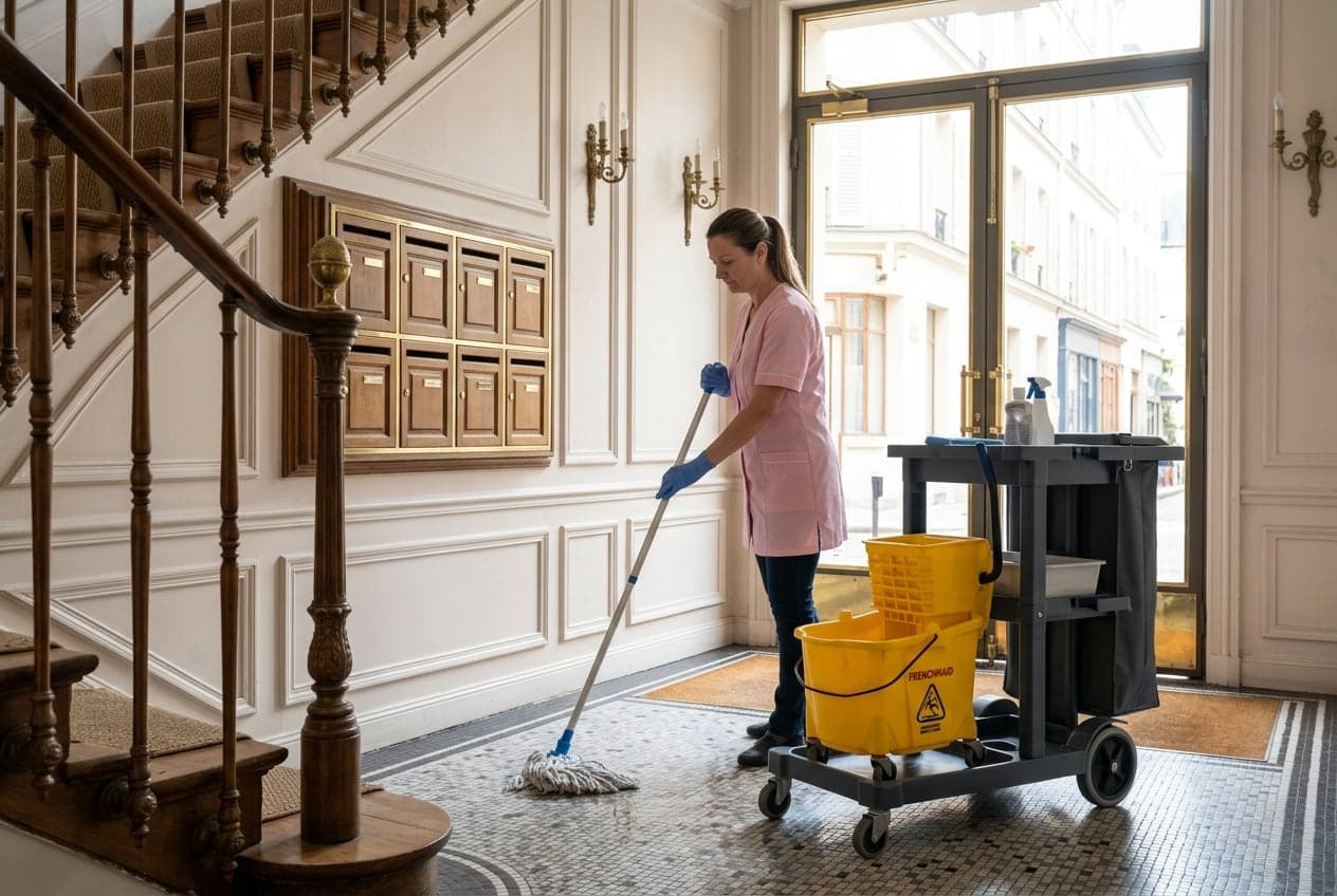 Lavage du sol du hall d un immeuble, devant les boîtes aux lettres
