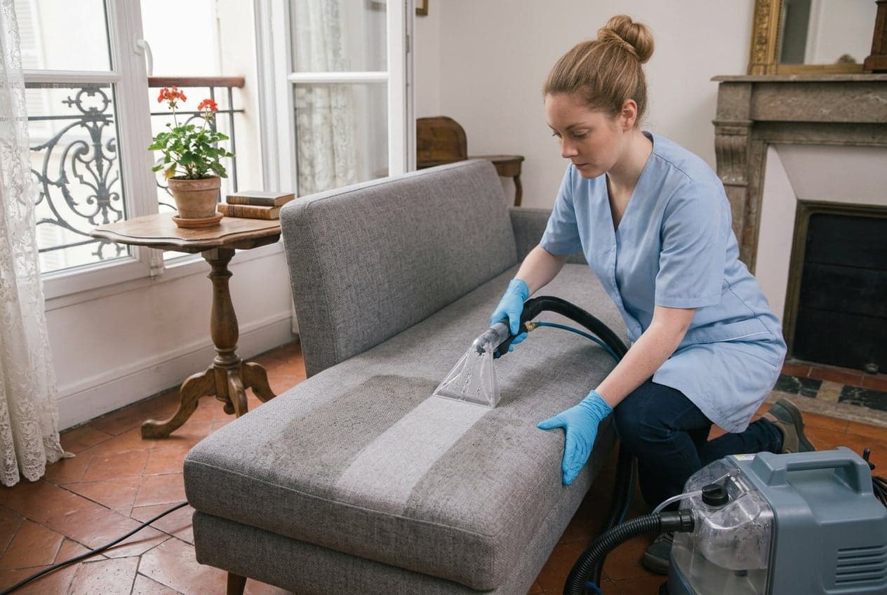 Suceur d'injection-extraction passé sur l'assise d'un canapé en tissu