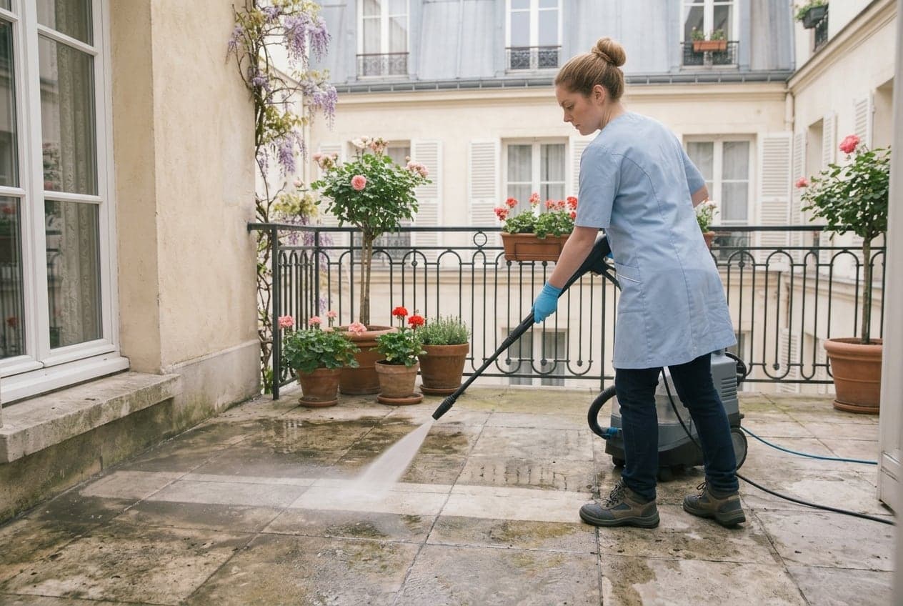 Lance haute pression décapant une dalle extérieure encrassée