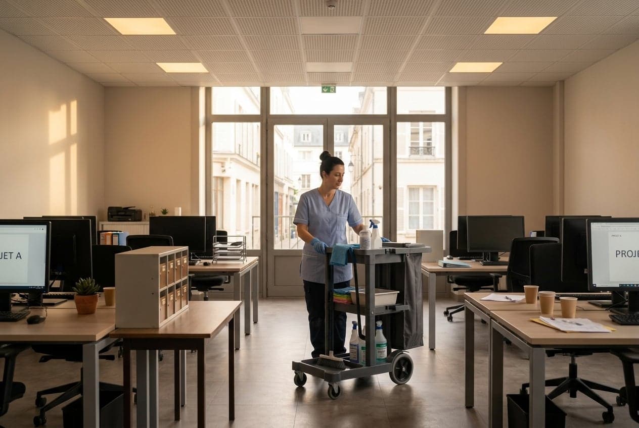 Chariot de ménage professionnel dans le couloir d'un bâtiment
