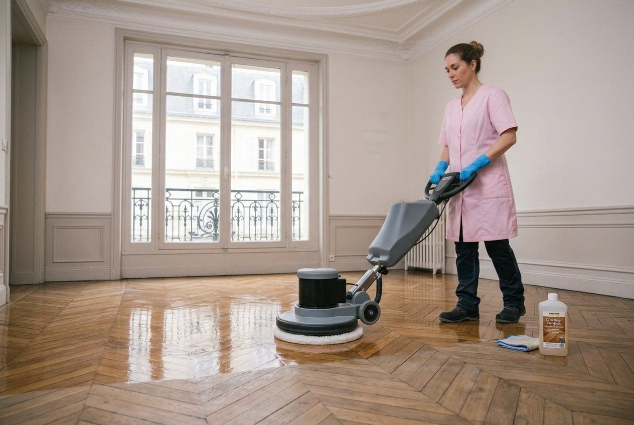 Machine de rénovation en action sur un parquet clair