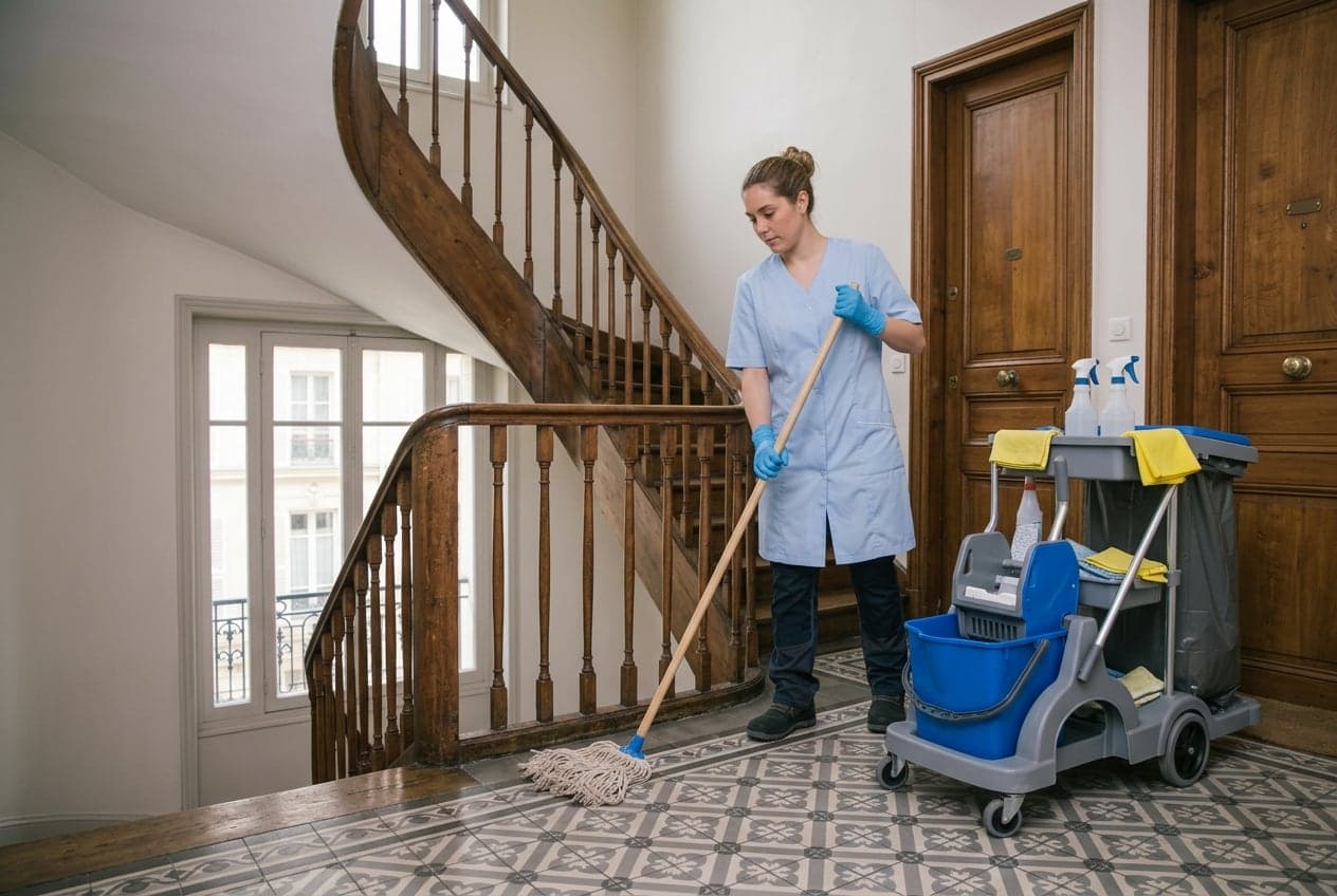Cage d'escalier d'immeuble nettoyée, marches et rampe dégagées