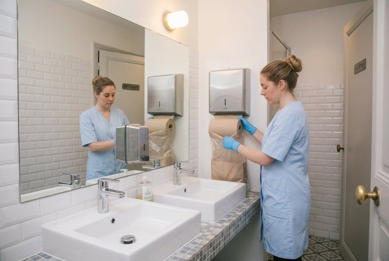 Bloc sanitaire d'entreprise nettoyé, lavabo et robinetterie détartrés